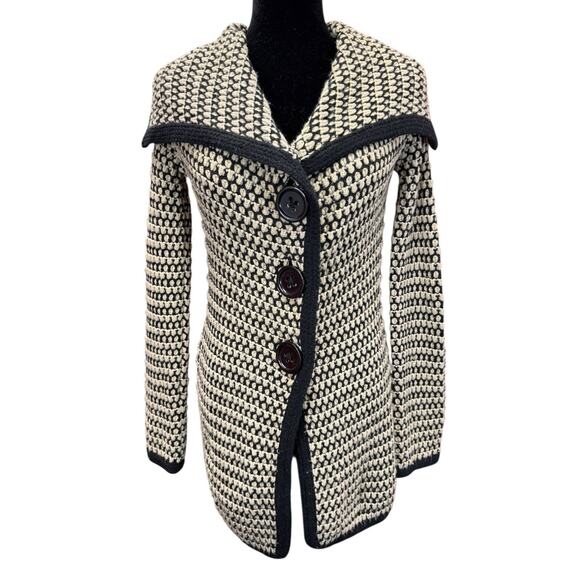 Free People Wool Blend Knit Cardigan Sweater Black Cream Shawl Collar Size S - Picture 1 of 10